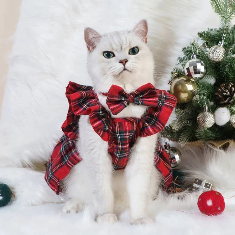 Red tartan Christmas skirt outfit with bow tie and head flower on a small dog or cat.