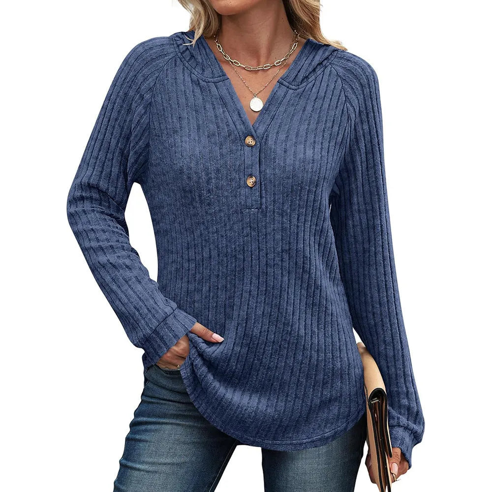 Women's solid colour V-neck button loose hooded fleece knitted top in casual Japanese Korean style