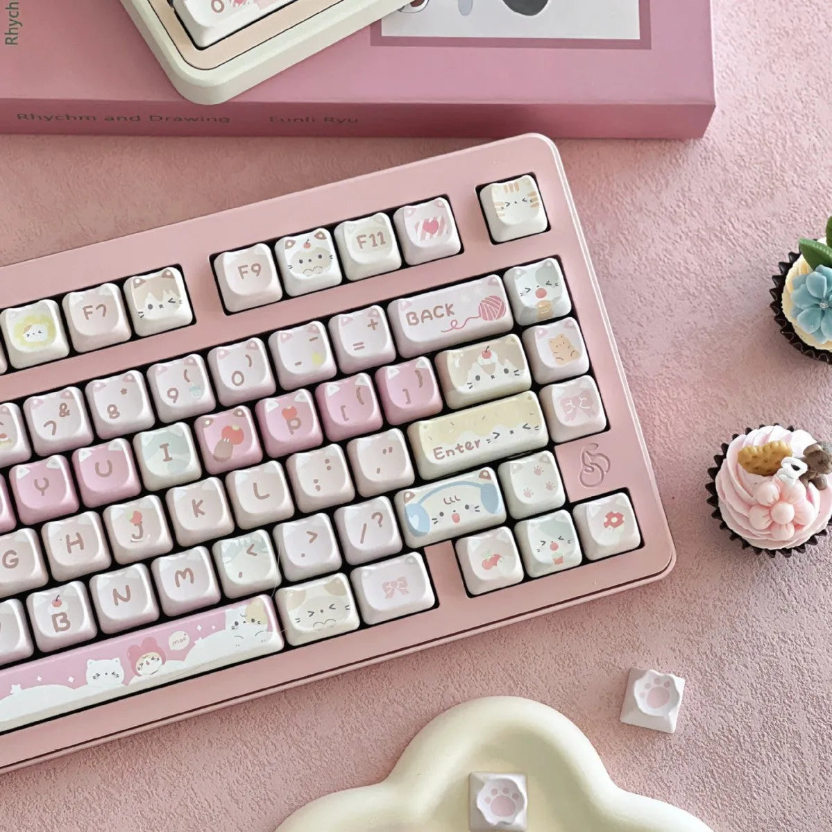Meow Meow Team Height 141-piece sublimation printed key cap set for mechanical keyboards, showing colourful designs on multiple keys.