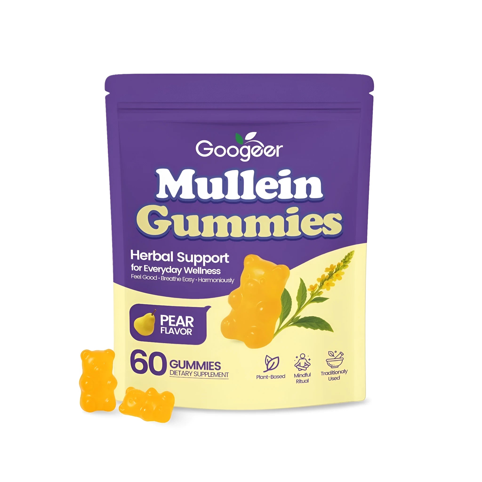 Container of Mullein Gummies dietary supplement with verbena officinalis leaf extract, showing 60 soft candies