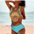 Women's retro high-waisted bikini swimsuit with strappy beach print design in multiple colours