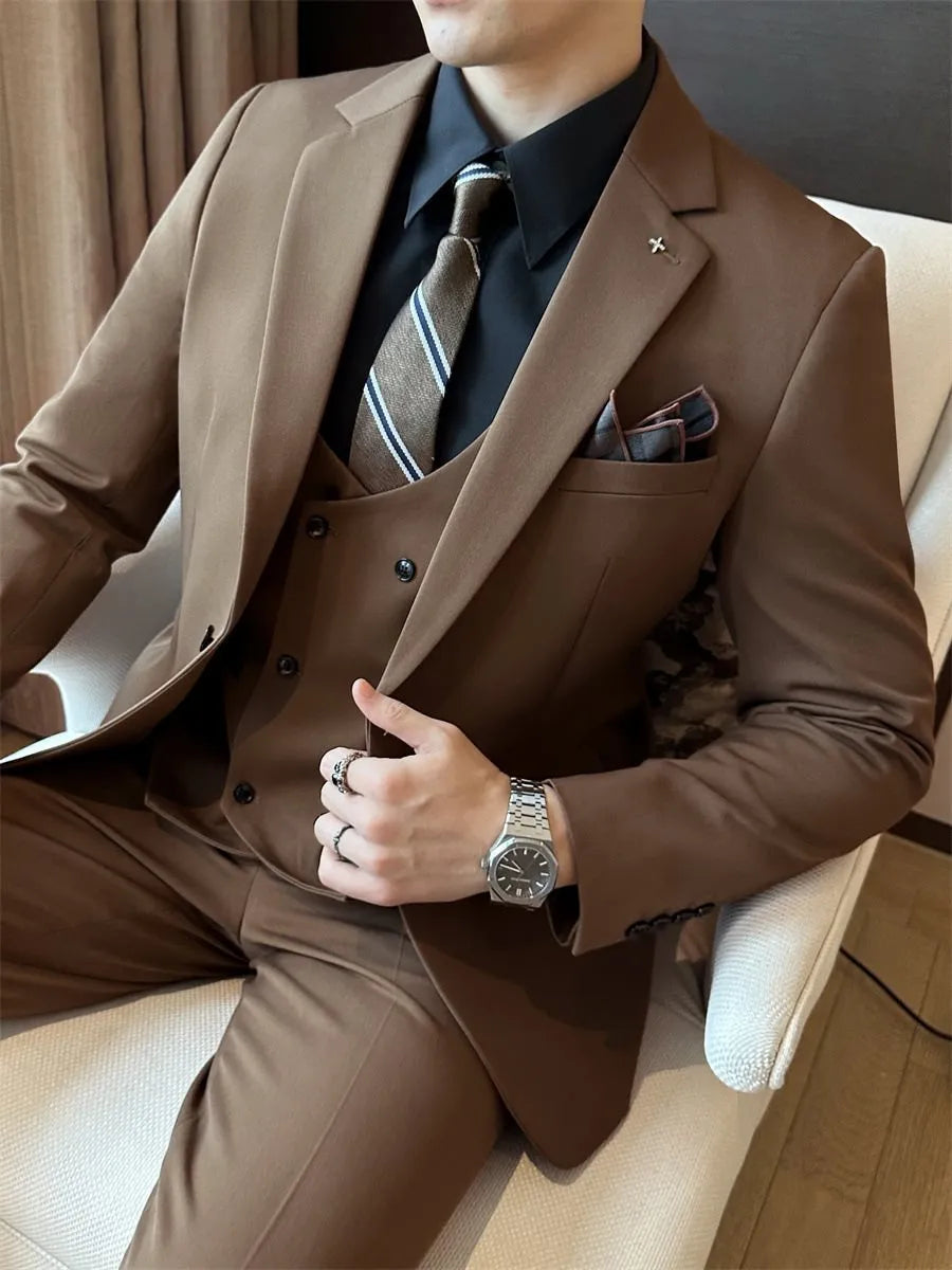 Men's slim fit business formal jacket in dark green, made from a chemical fiber blended fabric.