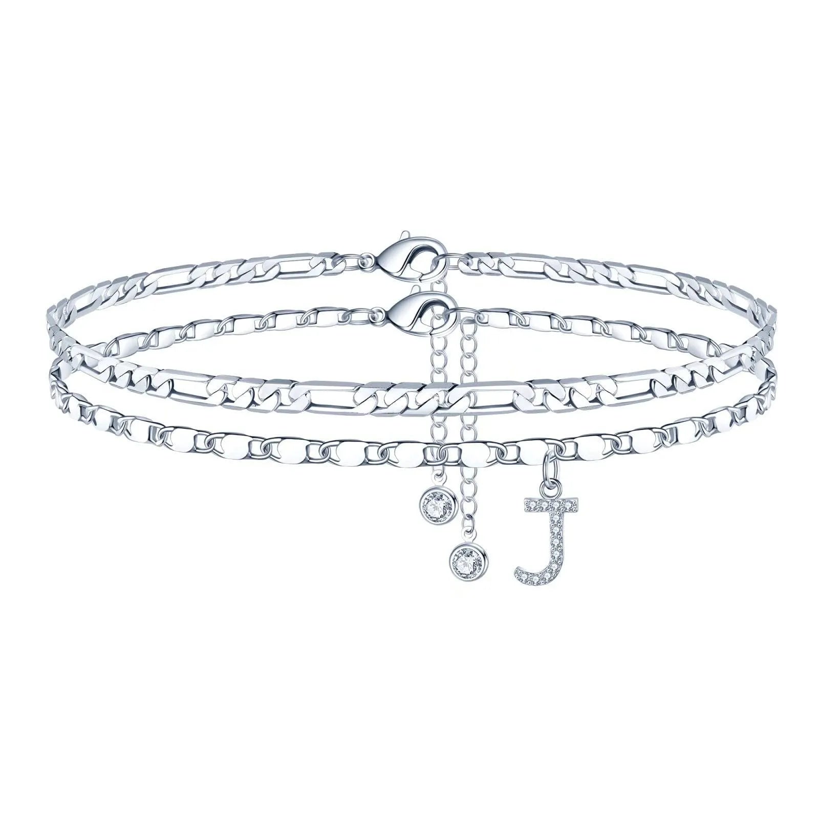 Silver-coloured copper anklet with a double-circle bead engraved with a letter.