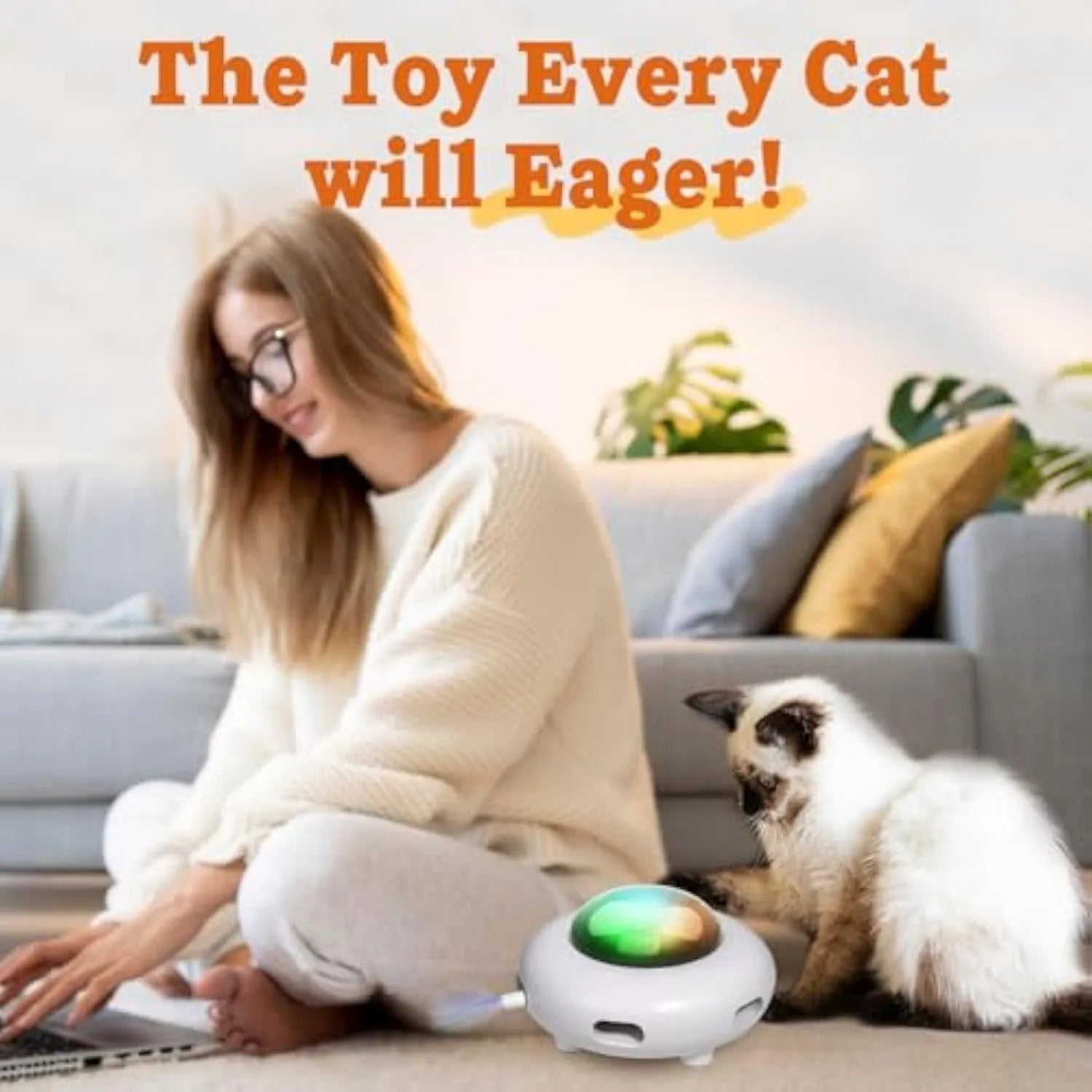White USB rechargeable interactive cat toy with moving colourful feathers and LED lights