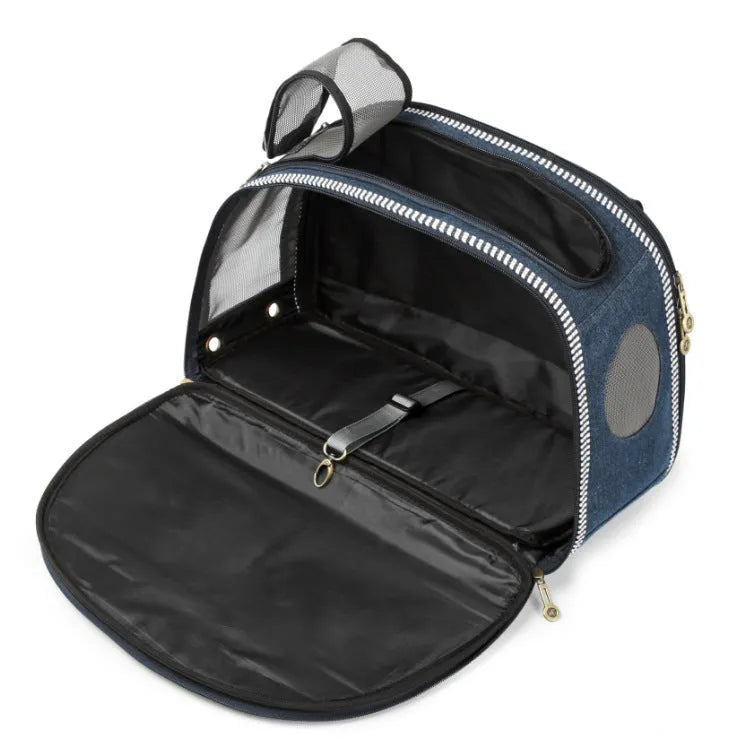 Blue denim Japanese-style pet diaper bag with cartoon pattern, dimensions 43×20×30cm