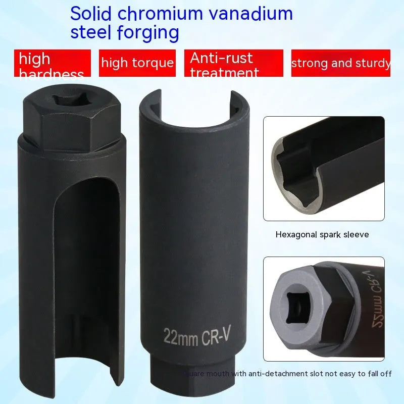 Black chromium vanadium steel oxygen sensor sleeve tool with 22mm hexagonal socket opening.