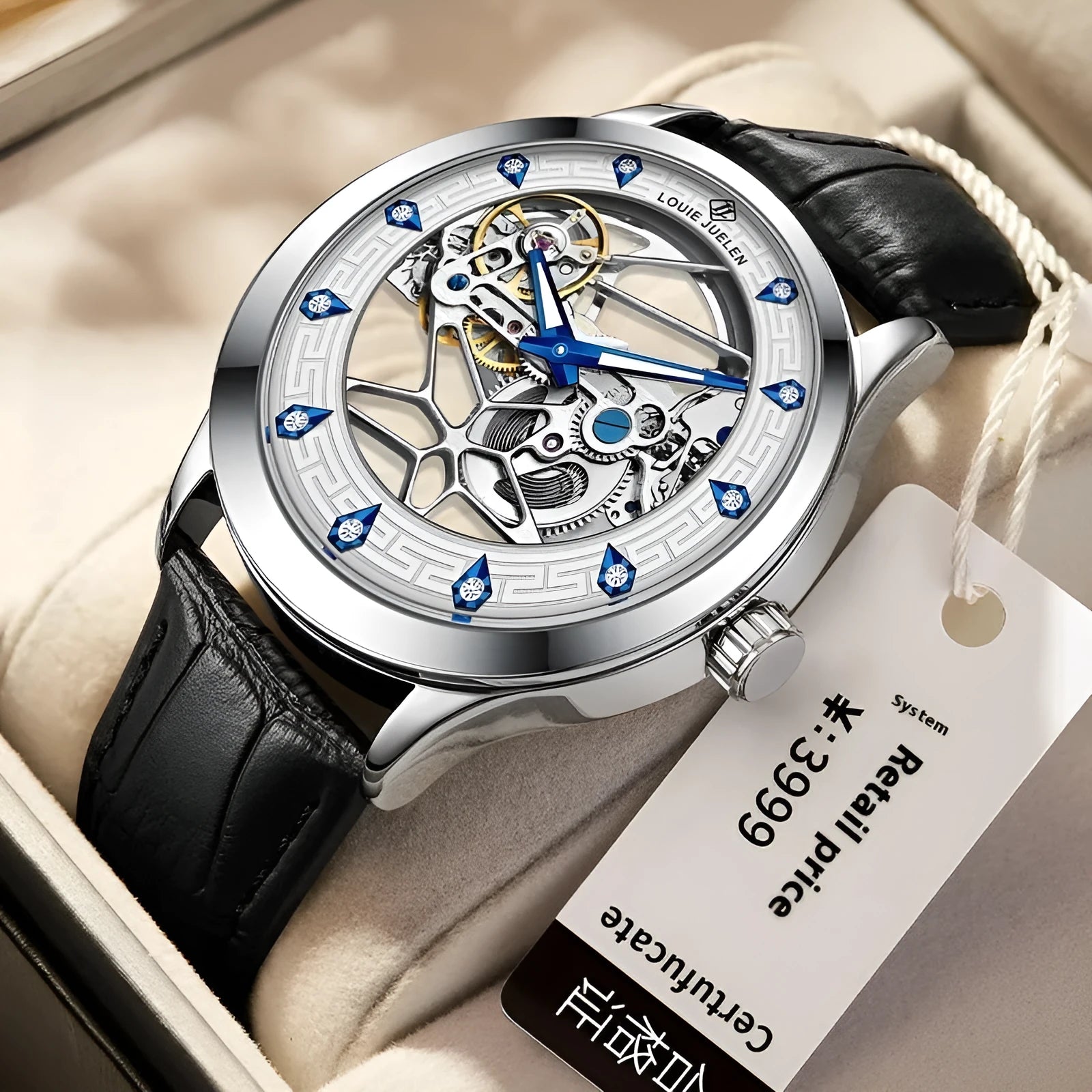 Men's silver waterproof mechanical watch with white dial, luminous blue hands, and black leather strap.