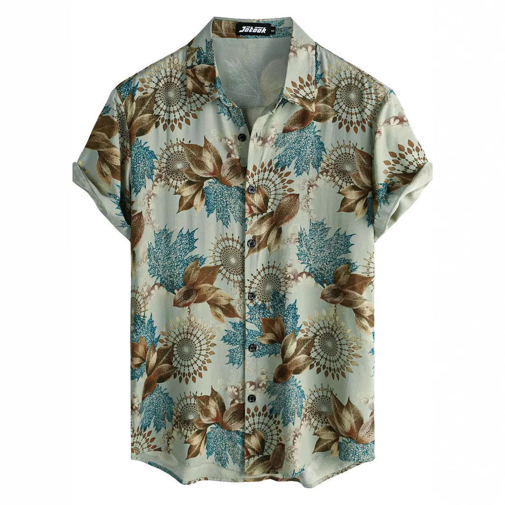 A Hawaiian floral print short sleeve shirt cardigan with a lapel collar, shown in a vibrant colour.