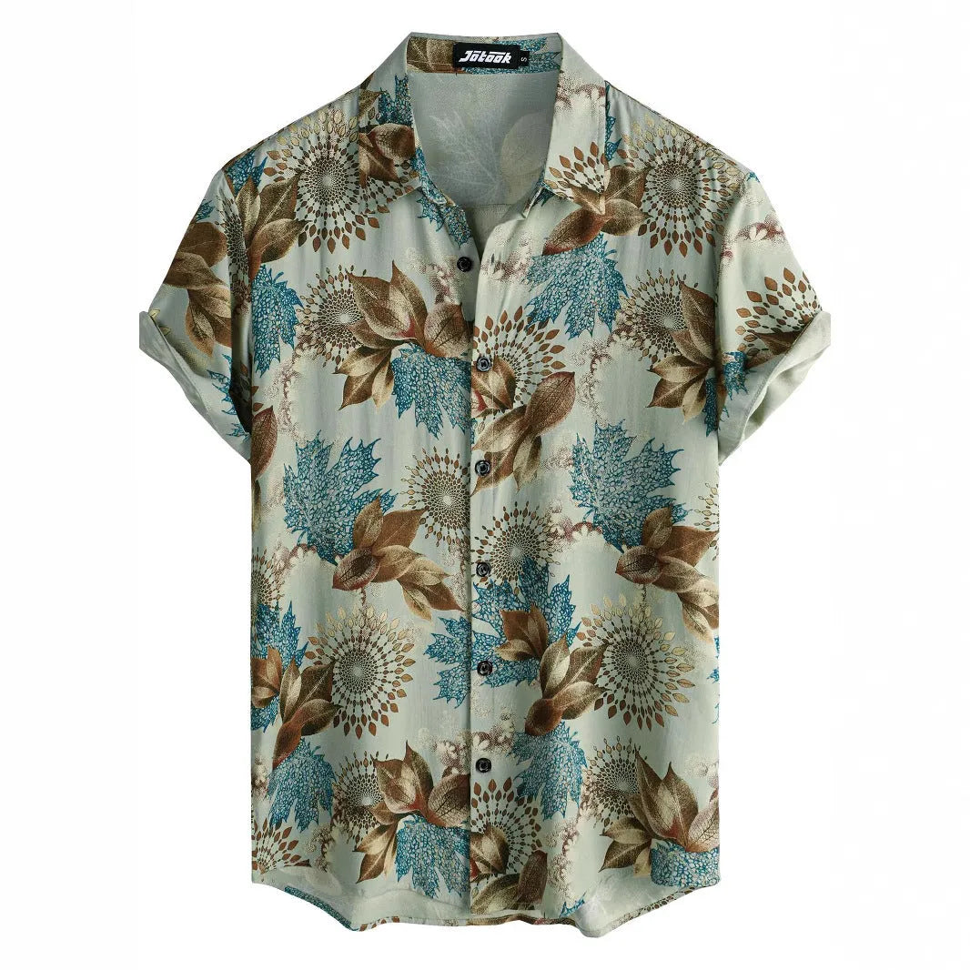 A Hawaiian floral print short sleeve shirt cardigan with a lapel collar, shown in a vibrant colour.