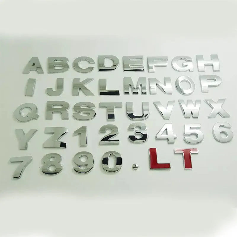 Zinc alloy metal car letter sticker in 3D style, shown in silver finish, approx 2.5cm size.