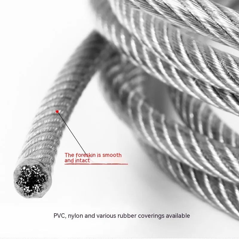 Coiled 304 stainless steel security wire rope with multiple diameter options on a white background.
