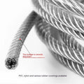 Coiled 304 stainless steel security wire rope with multiple diameter options on a white background.