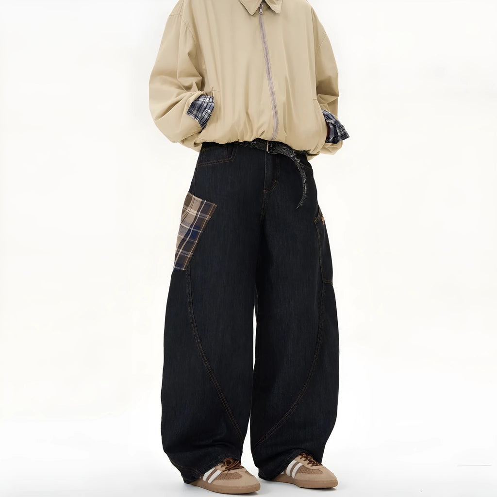 Loose straight-leg cotton trousers in coffee plaid and red plaid patterns showing mid-waist design
