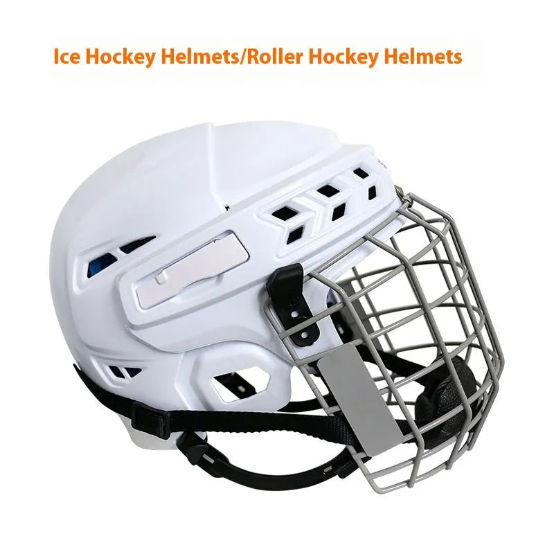Ice hockey helmet with carbon steel face mask showing impact resistant PP shell and cushioned EVA lining.