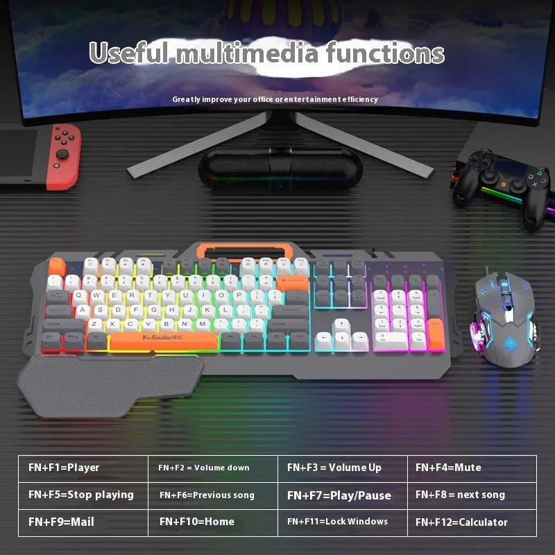 Blue and grey wired gaming keyboard and mouse set with backlit keys