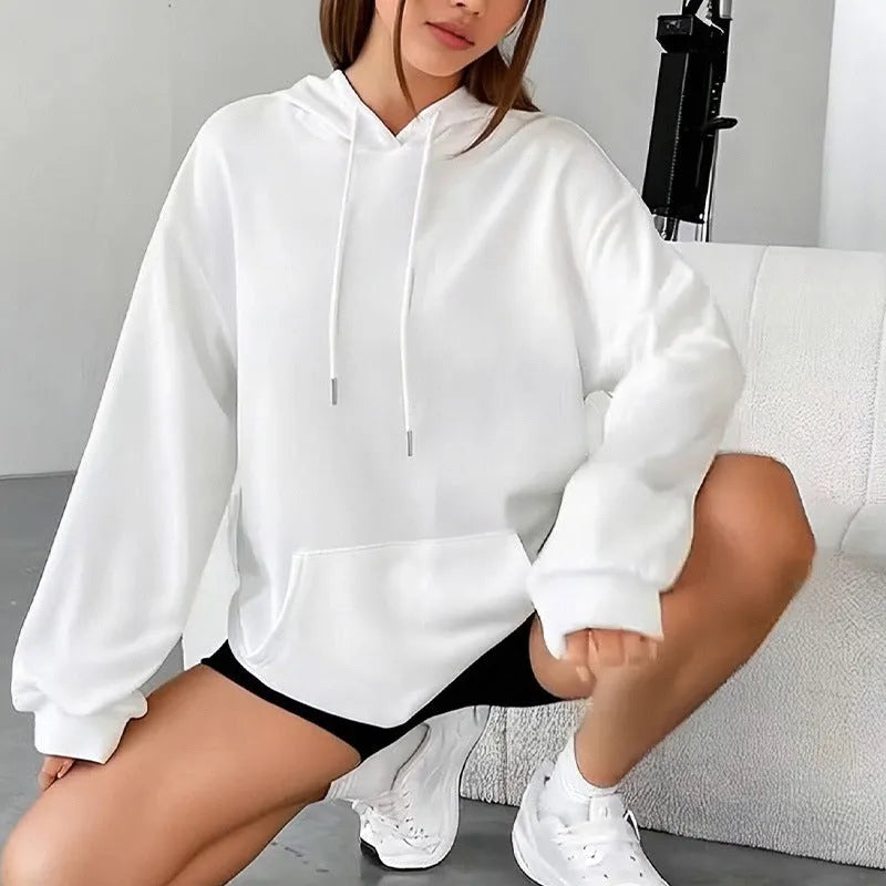 Women's loose fit drawstring pocket sweatshirt in various colours with long sleeves