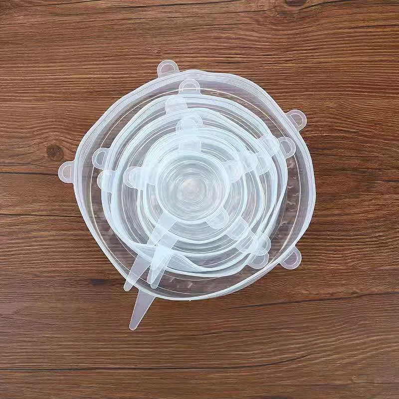 Six silicone stretch food cover lids in different sizes from 6.5cm to 20.5cm diameter