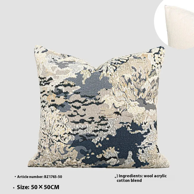 Chinese style decorative pillow cover with blue antique French floral pattern on wool blend fabric.