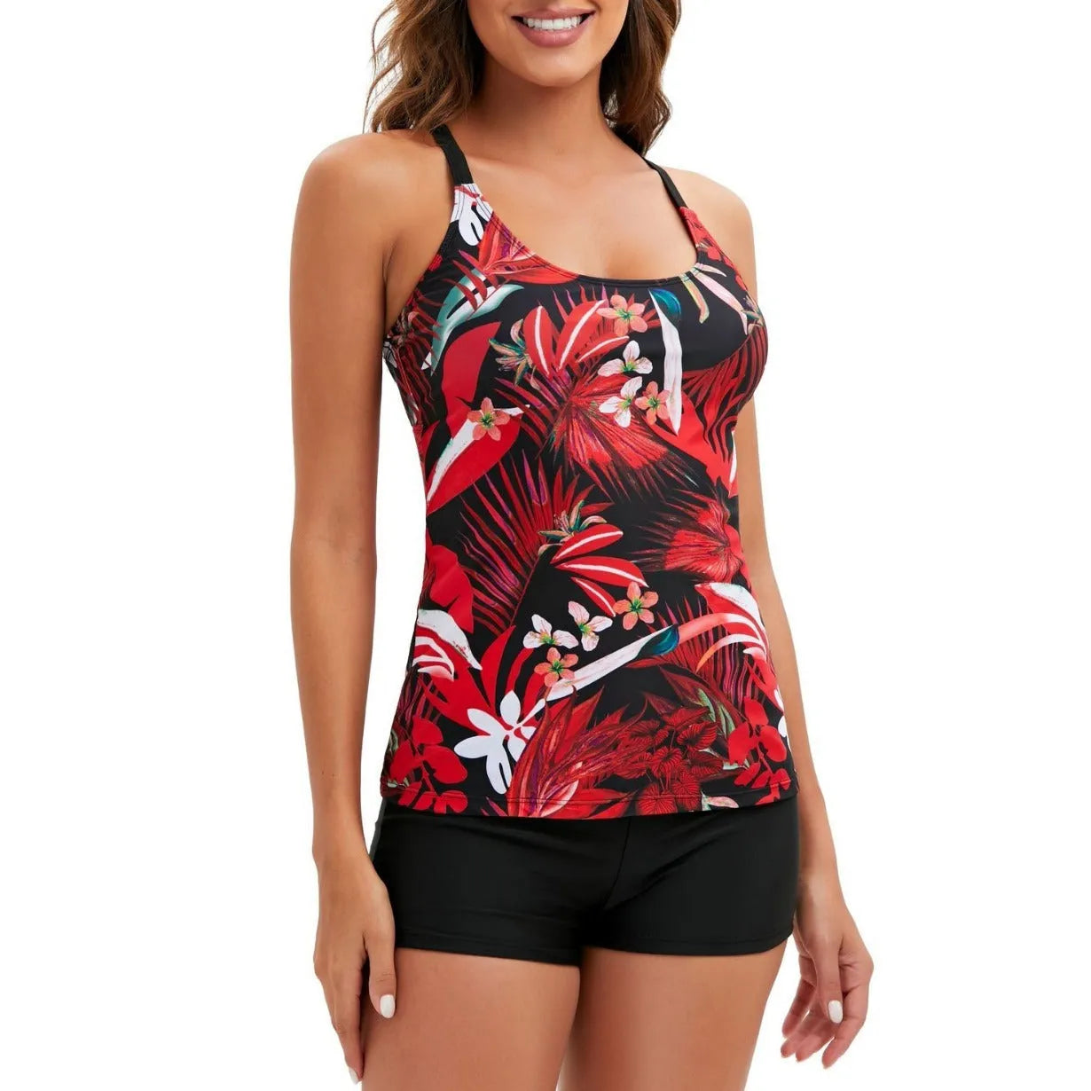 European and American floral print split high-waist swimsuit in polyester fibre, sleeveless, available in red