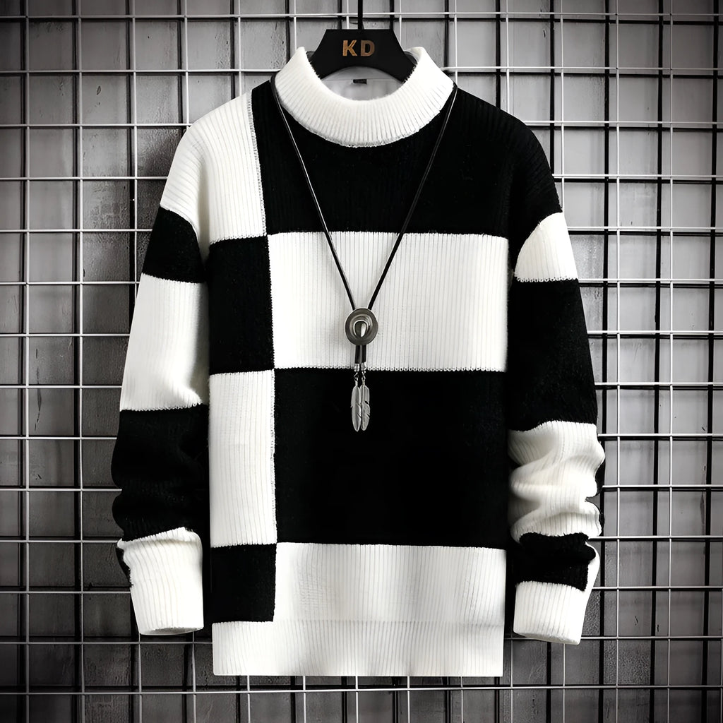 Men's casual cardigan in colour block black with white collar, loose fit, thickened modal polyester fabric