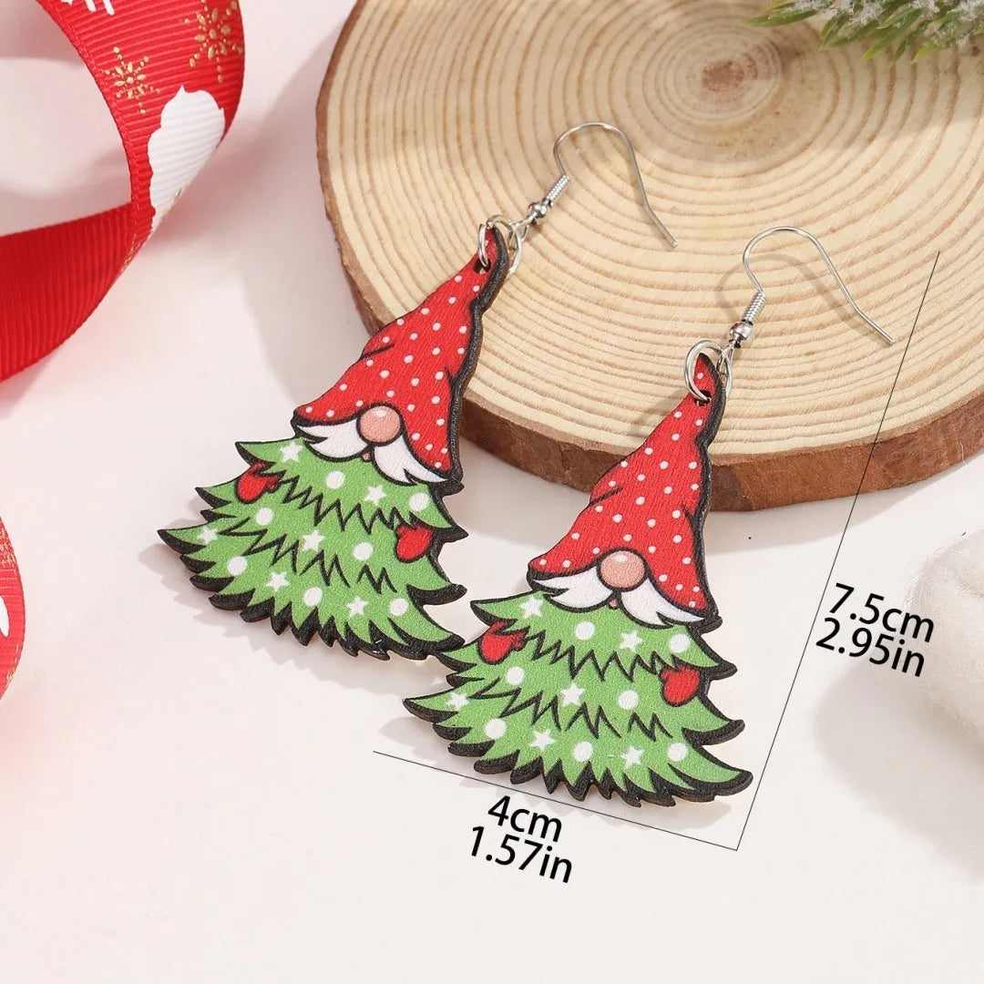 Wooden geometric Christmas earrings with Christmas tree and water drop snowman designs featuring Santa Claus elements