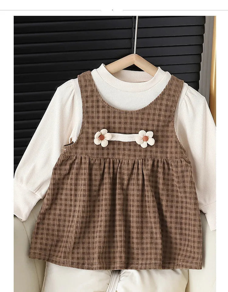 Baby girl wearing dark coffee plaid Korean style dress suit with matching shirt