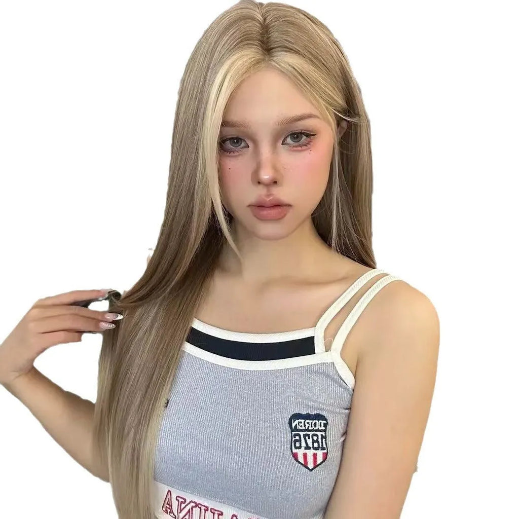 Golden brown gradient synthetic lace front wig with centre-parted full head construction