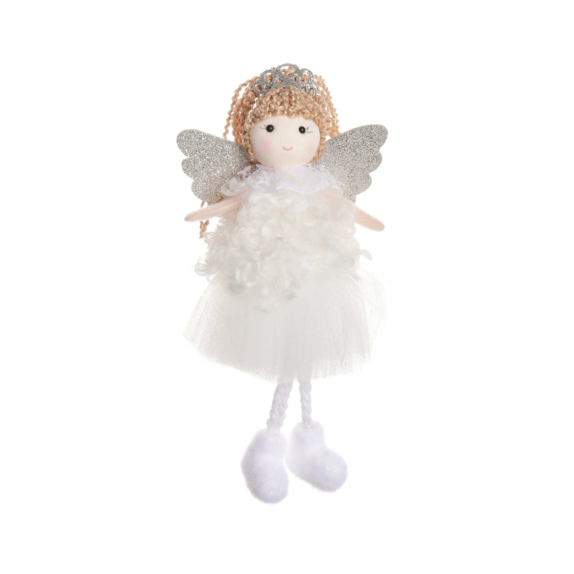 Cartoon angel Christmas fabric hair pendant clip on a ponytail, shown in white, pink, and khaki colours.