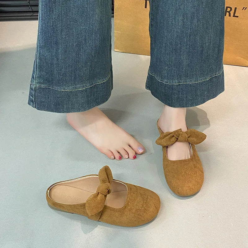 Plus size women's bow toe half slippers in apricot colour with artificial PU upper