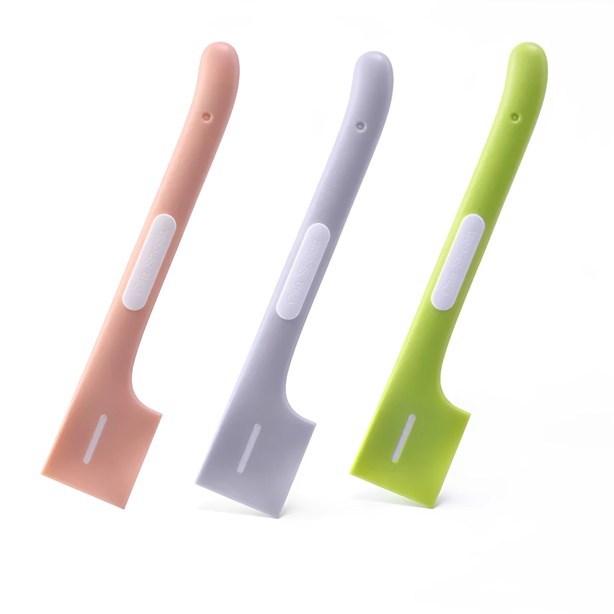 Green pet feeding spoon with long handle and right-angle edge for scraping canned dog or cat food.