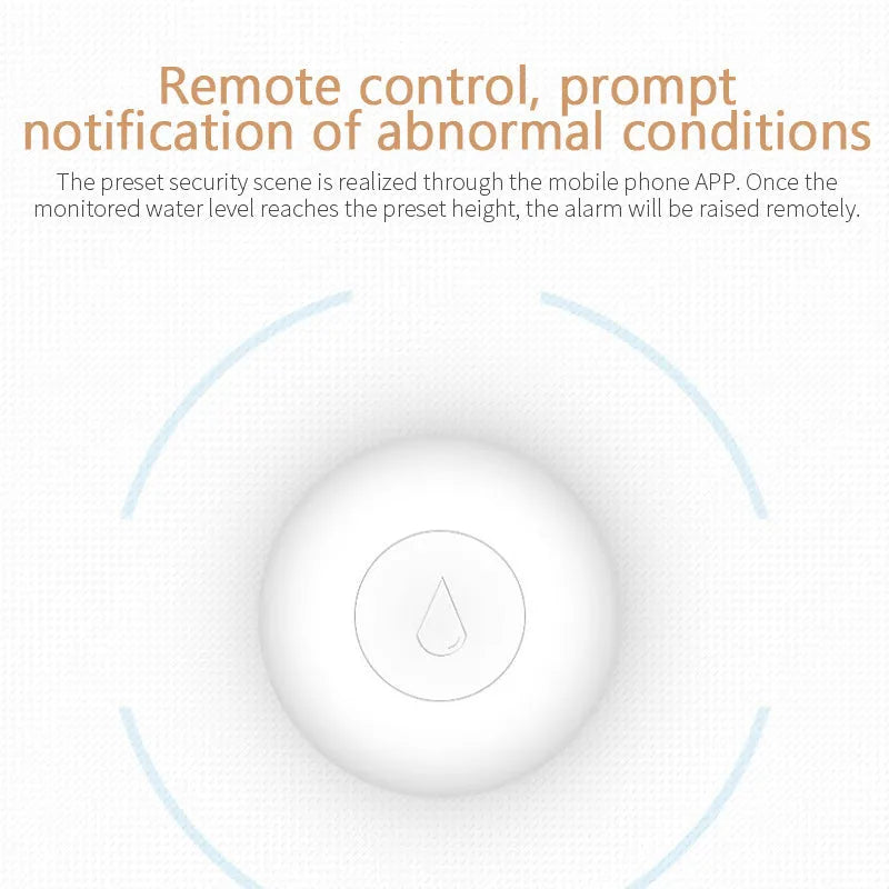 Zigbee wireless water leak sensor flood detector on a white surface.