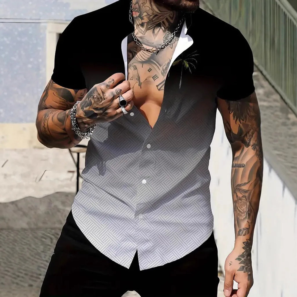 Men's slim fit short sleeve shirt with geometric line print design on the lapel.