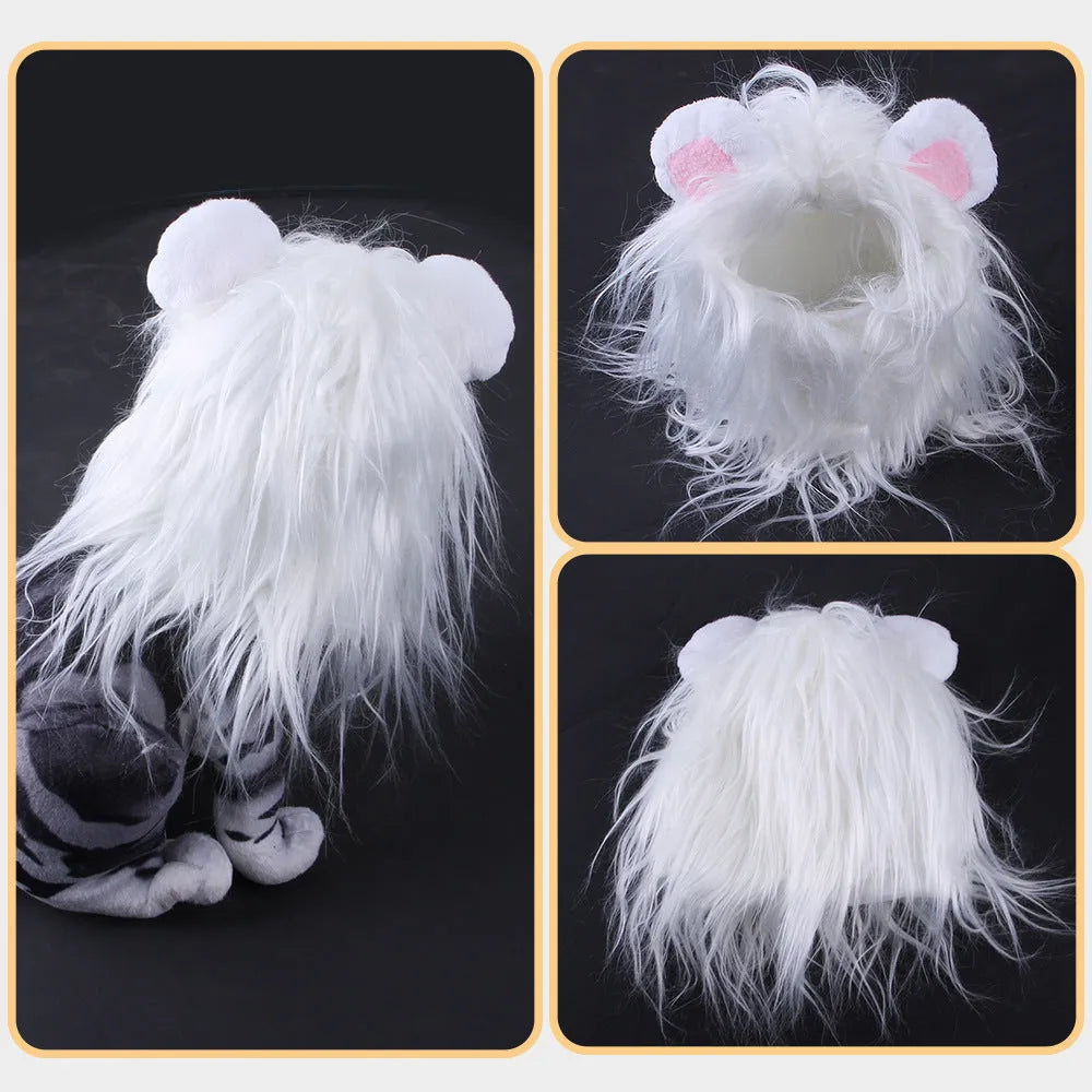 Pet lion headgear wig hat costume on cat with adjustable strap in black colour
