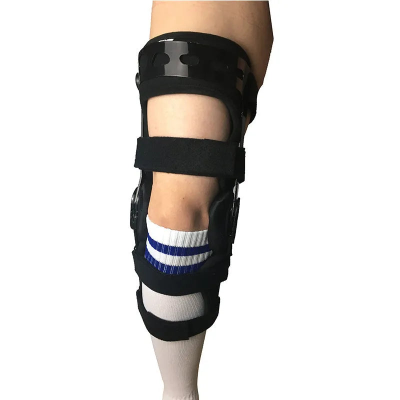 Black knee supporter with metal stabilisers for anterior ligament support in multiple size options