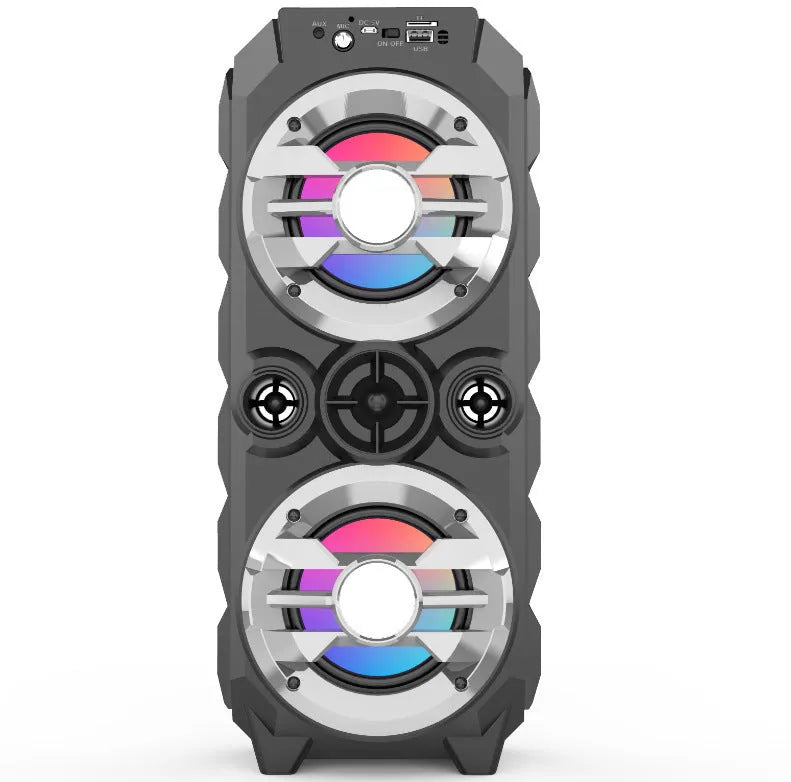 Portable Bluetooth speaker with colour lights and pull-rod handle in blue, red, or silver grey finish