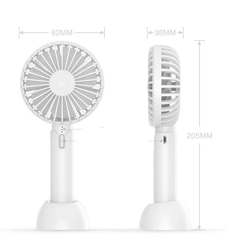 Blue handheld mini USB fan with 3-speed buttons on a desktop.