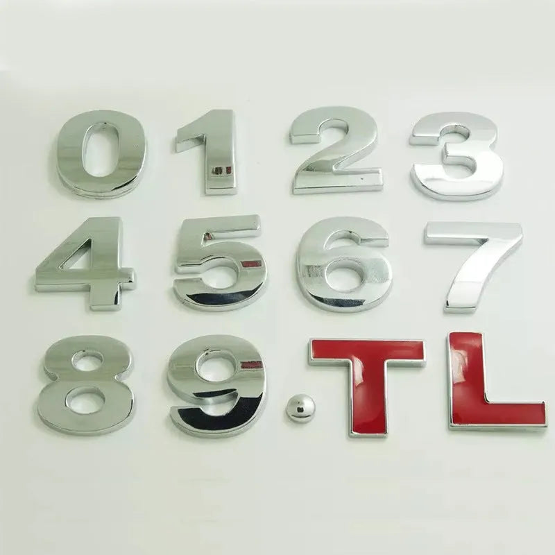 Zinc alloy metal car letter sticker in 3D style, shown in silver finish, approx 2.5cm size.
