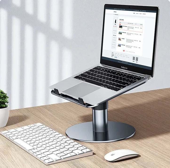 Silver aluminium car laptop stand with adjustable height and rotating base