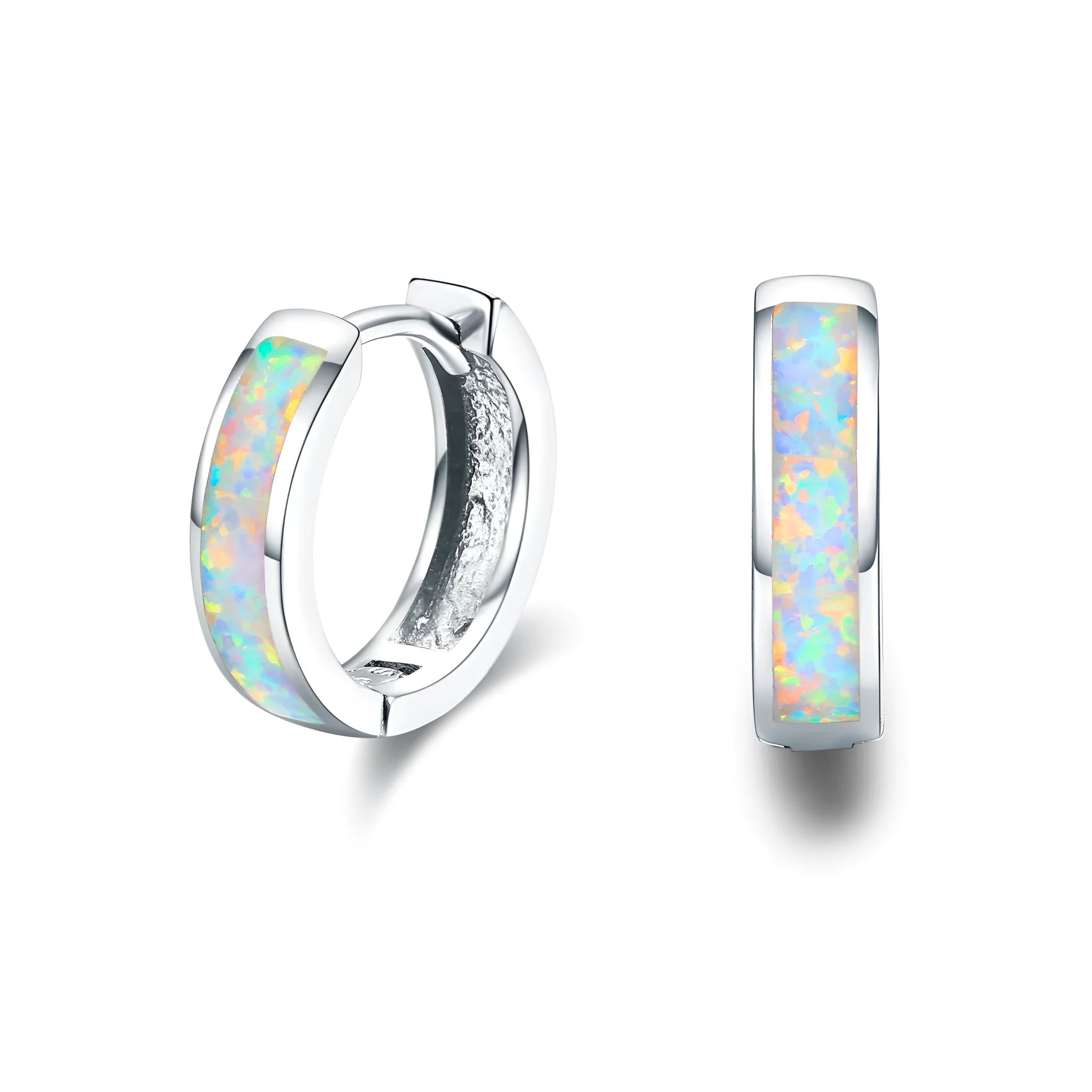 Hinged hug opal earrings in 925 sterling silver hoops for women white gold plated finish