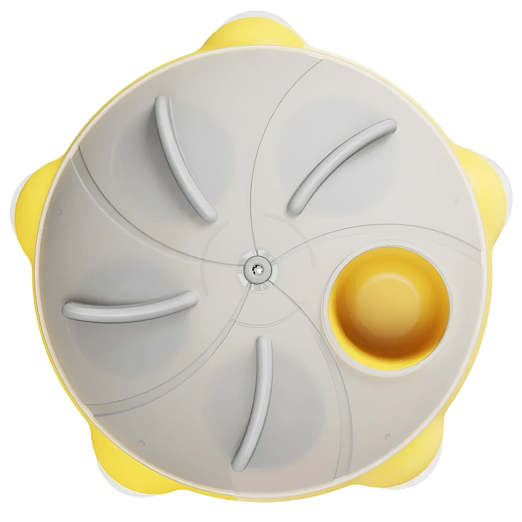 Yellow durable plastic cat snack bowl with divided compartments for foraging and slow feeding.