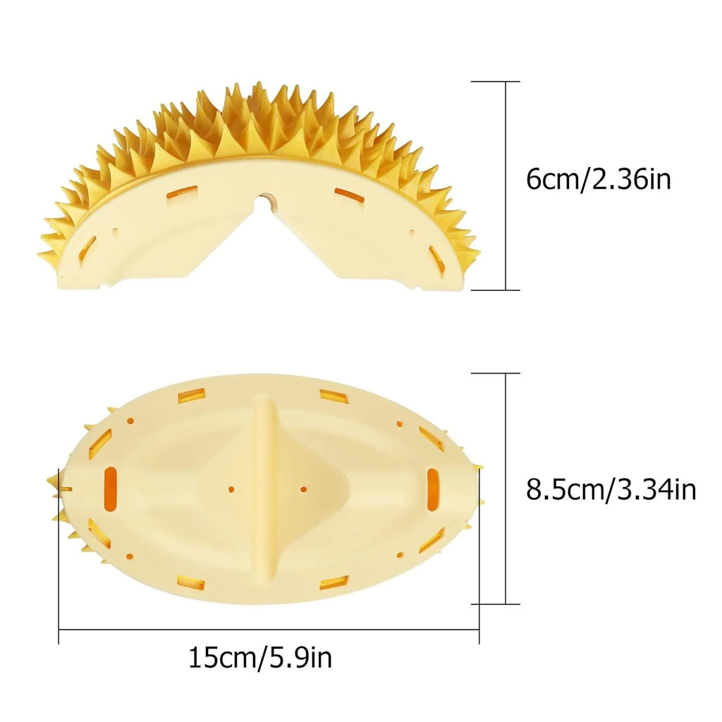 Yellow durian-shaped cat corner scratcher with comb surface mounted on wall corner