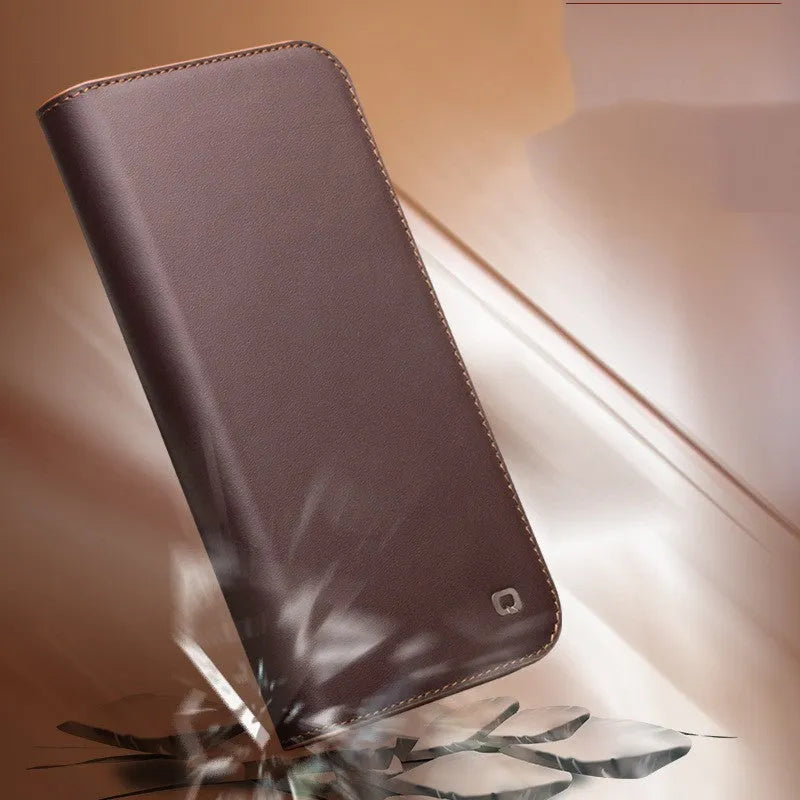 Genuine leather flip cover anti-drop phone case for iPhone 14 in brown and black