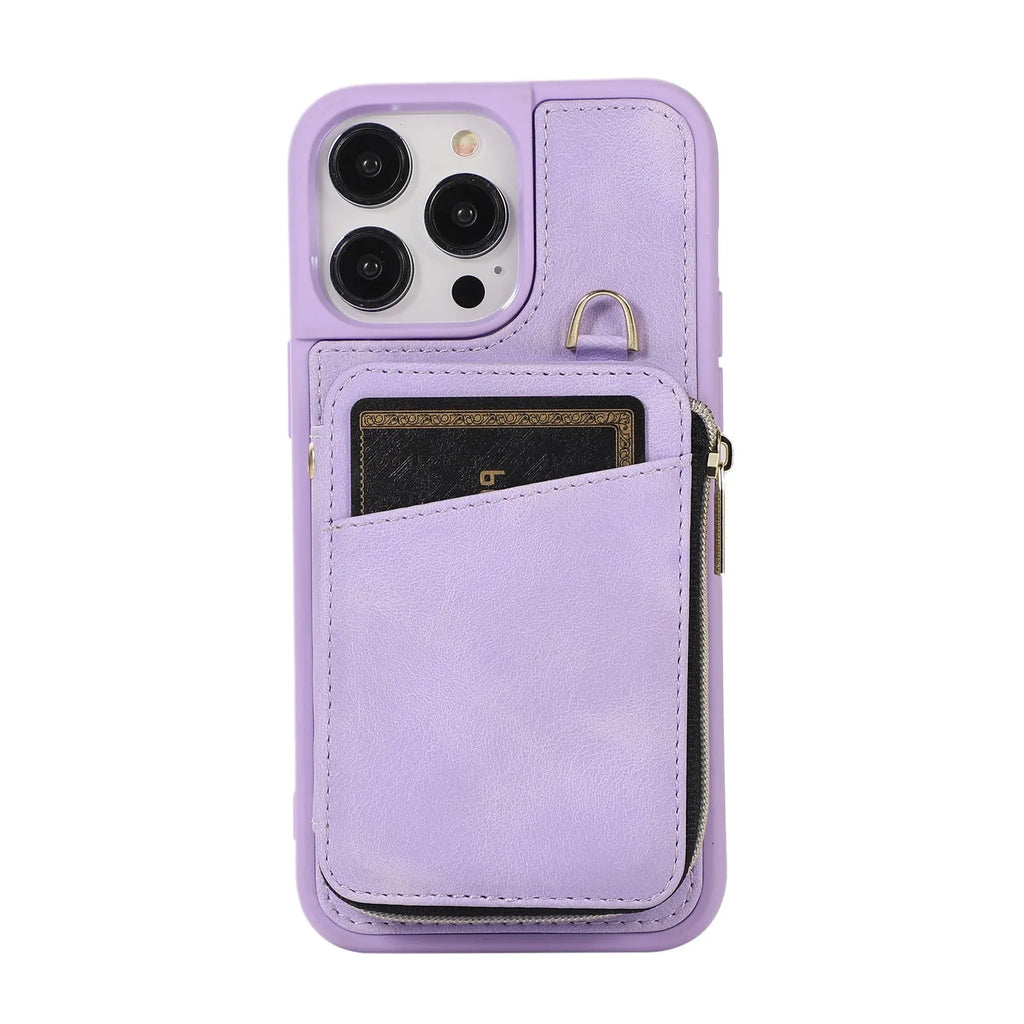 Creative leather wallet phone case with card holder and lanyard in brown for iPhone