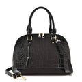 Shiny PU leather shell-shaped crossbody bag in black with dimensions 22x30x15cm