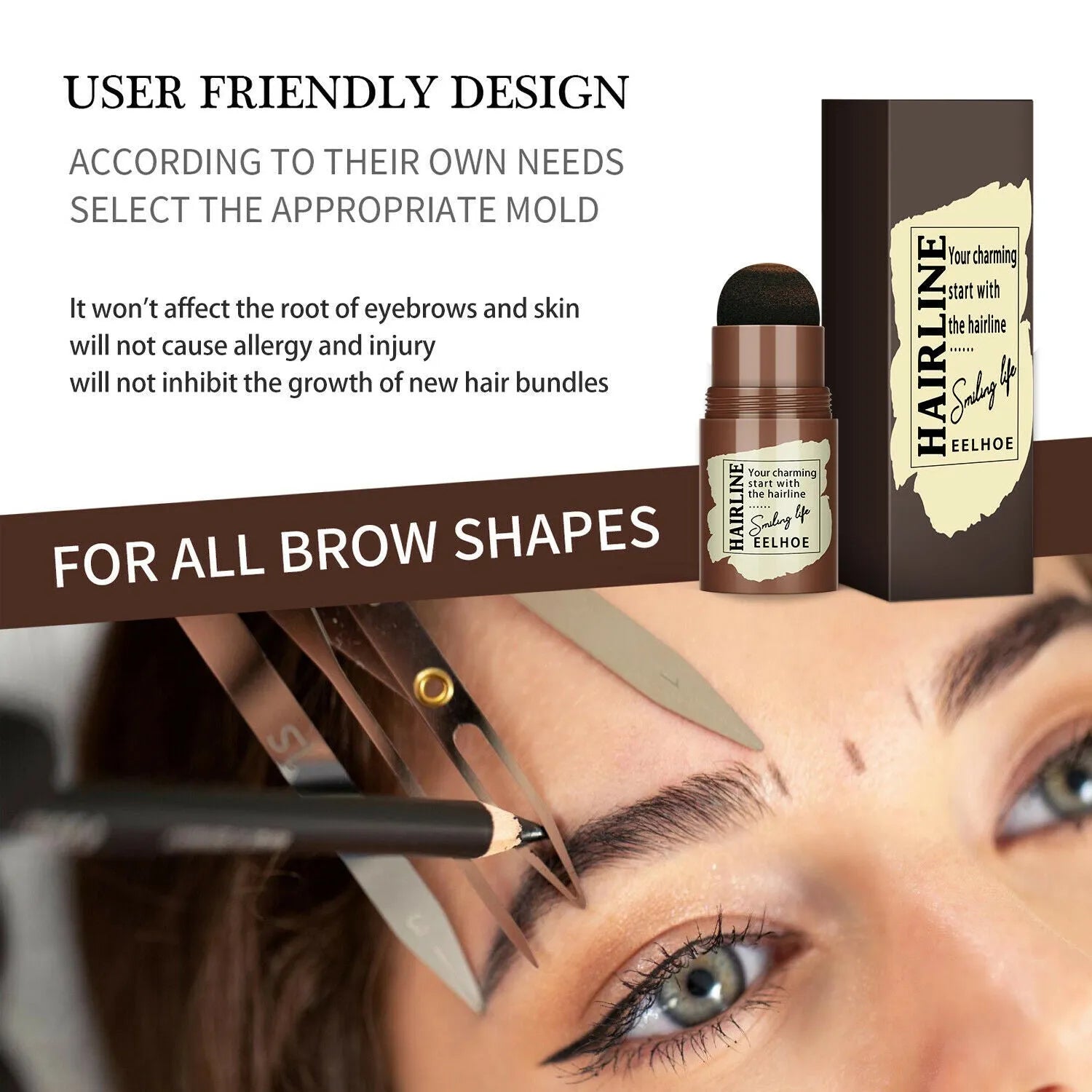 24-piece eyebrow stamp stencil kit with airbrush stamp, 24 stencils, and 4-colour powder on a white background