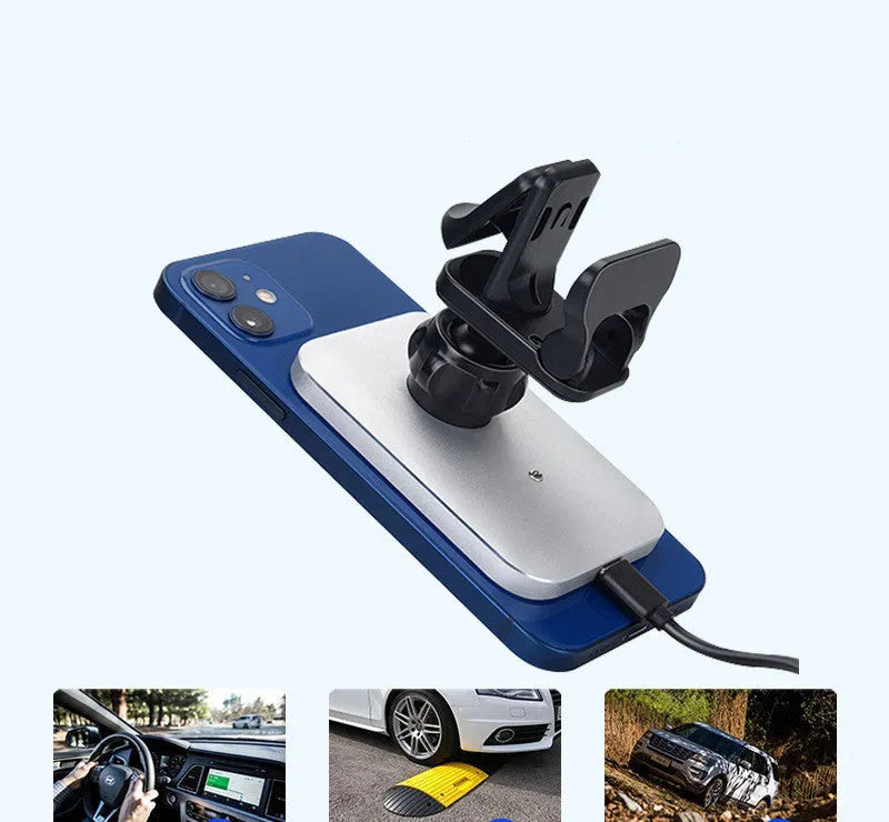 Black magnetic wireless car phone holder with king bracket, charging an iPhone