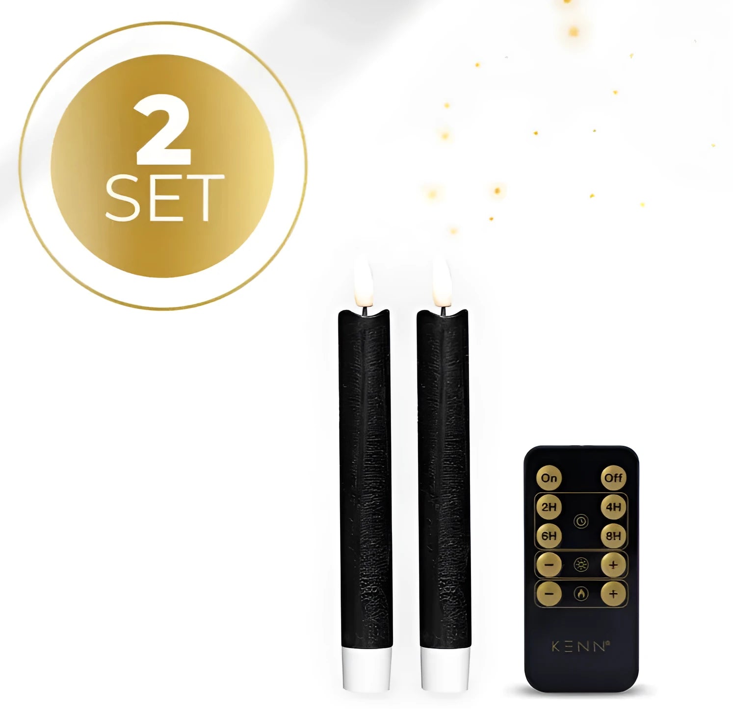 Black LED taper candle with realistic 3D flame effect, 18cm tall.