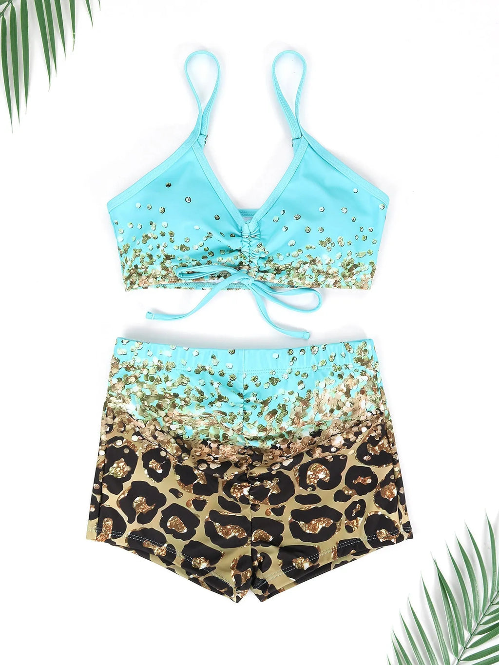 Women's lake blue polyester swimsuit set with high-waisted briefs, sleeveless top, and matching coat.