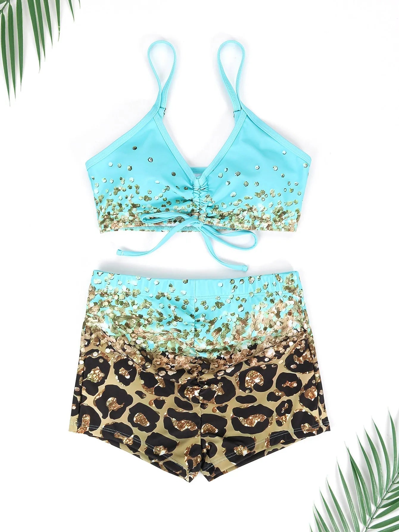 Women's lake blue polyester swimsuit set with high-waisted briefs, sleeveless top, and matching coat.