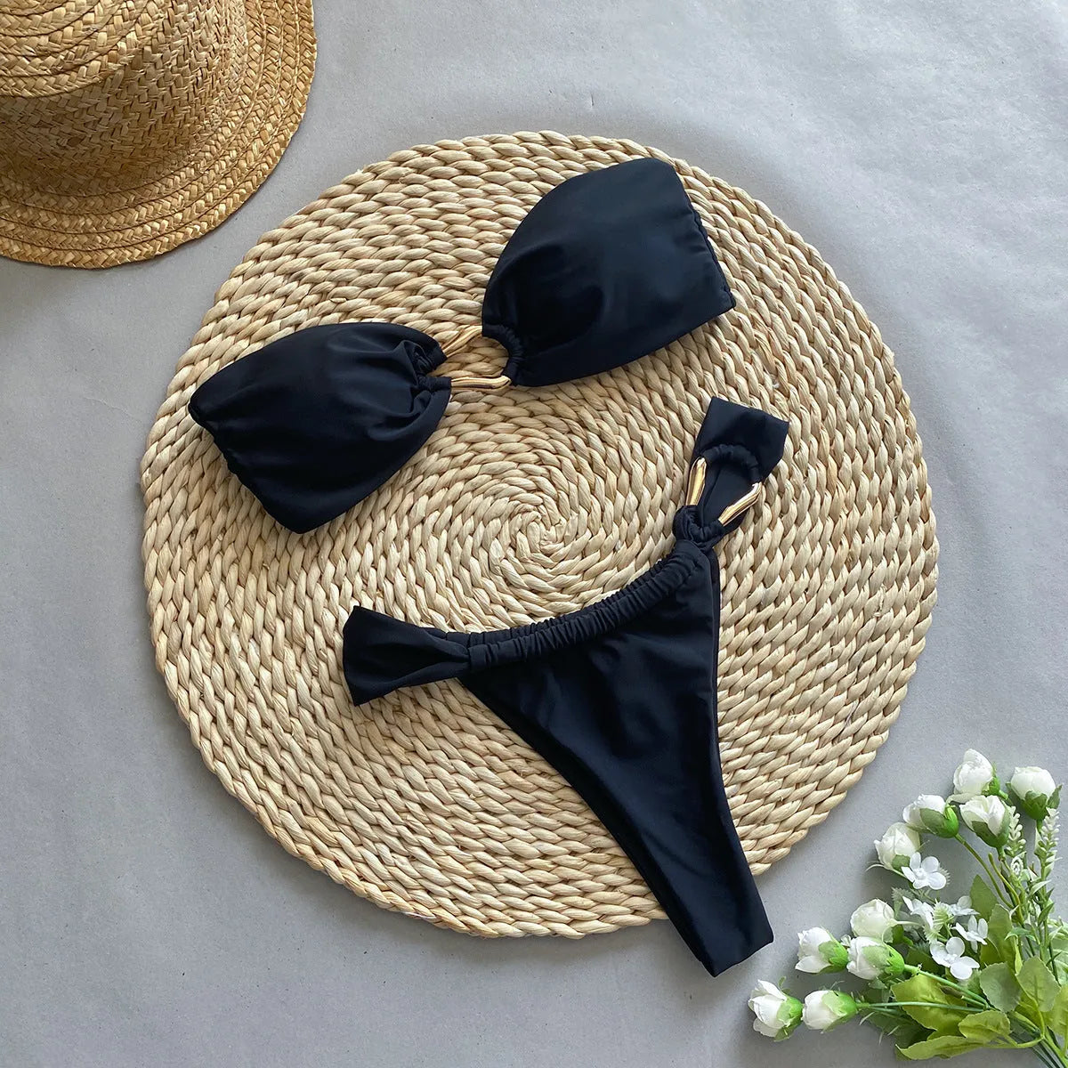 Women's black low waist bikini swimsuit with briefs styling for swimming and fitness